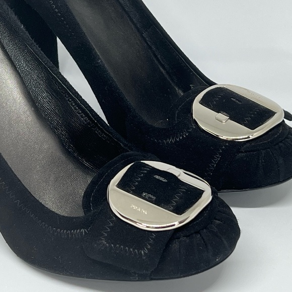 PRADA BLACK SUEDE LEATHER SILVER BUCKLE CHUNKY HEELS EU 41 AU 10 DESIGNER CHIC - Picture 4 of 16